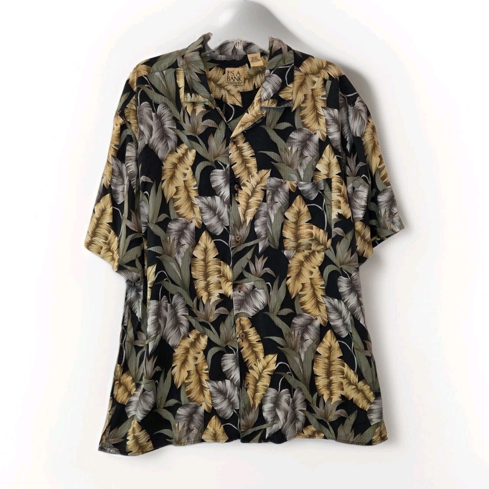 Jos A Bank Mens XL Silk Tropical Palm Leaf Camp Shirt Black Tan Short Sleeve